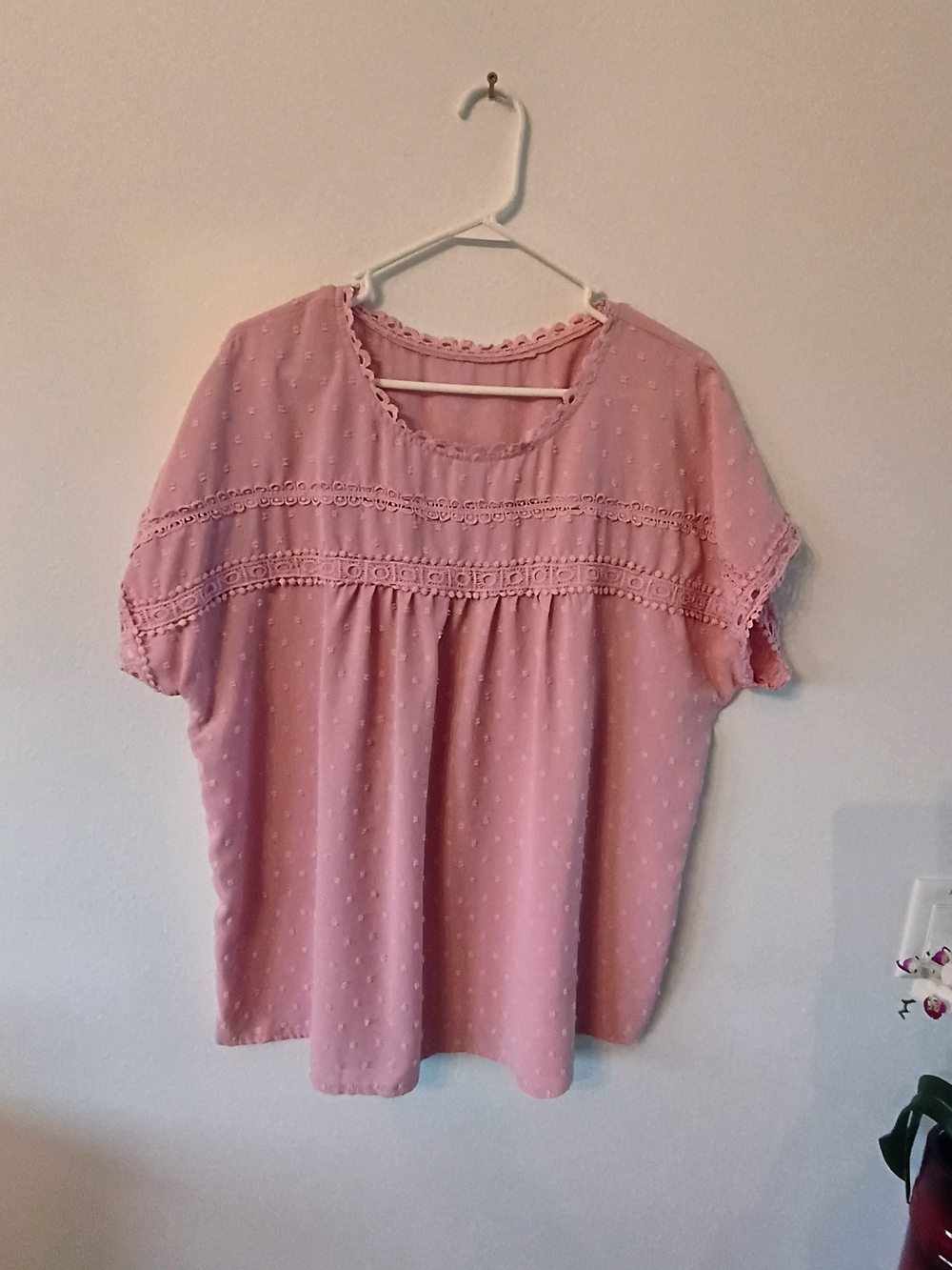 Pink Swiss Dot Crochet Trim Blouse 2XL Cottagecore Feminine Boho Top